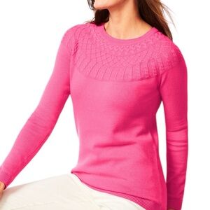 Talbots 2X Pink Cotton Cable Knit Yoke Crewneck Sweater 3/4 Sleeve Plus Size
W